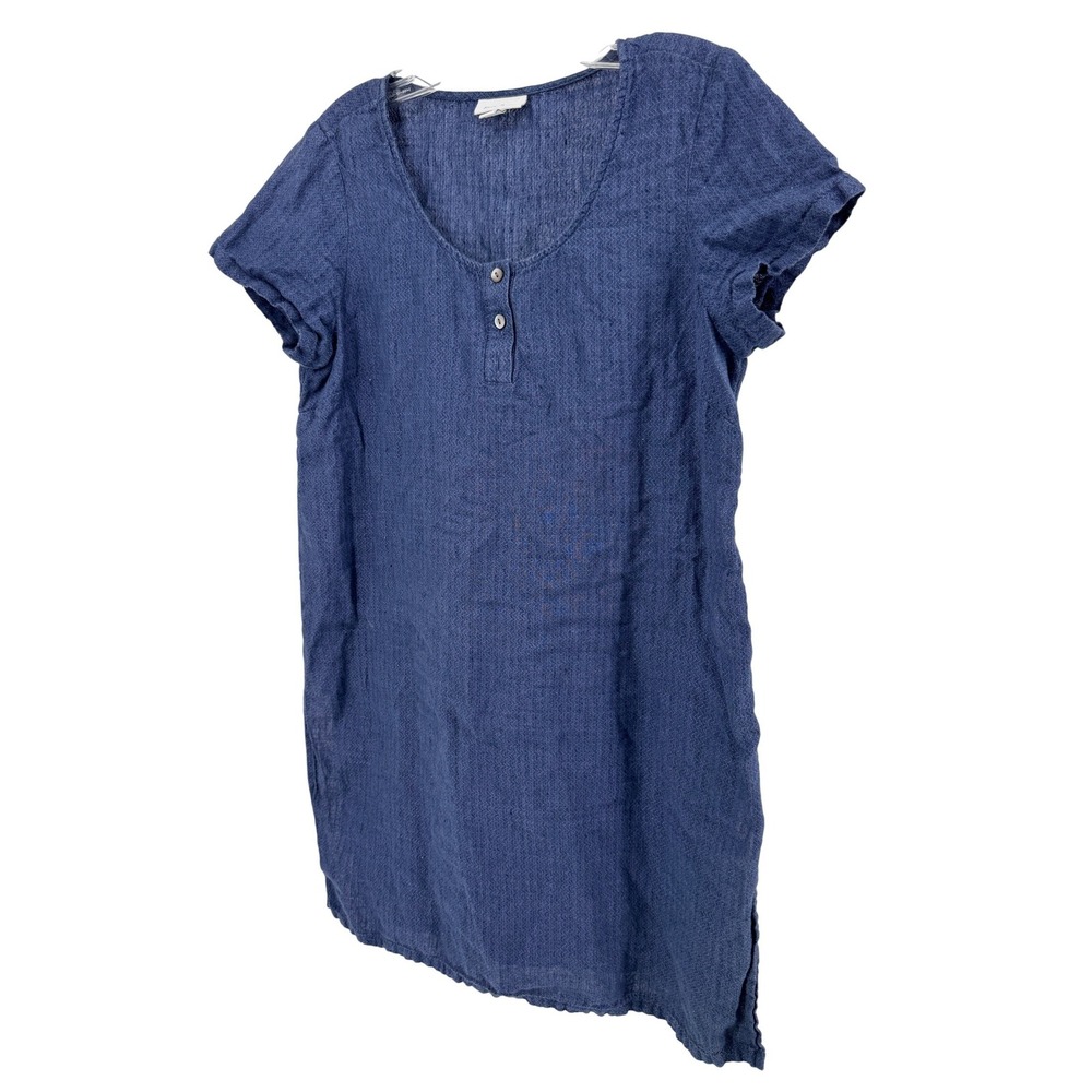 Pure Jill Linen Long‎ Tunic Top Blue Short Sleeve Button Up Women's XS